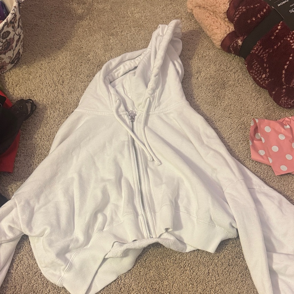 Hollister White Cropped Zip Up Hoodie